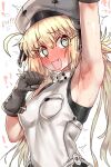  1girl armpits artoria_caster_(fate) artoria_caster_(first_ascension)_(fate) artoria_pendragon_(fate) blonde_hair blush breasts ebora fate/grand_order fate_(series) green_eyes hat highres long_hair looking_to_the_side open_mouth 
