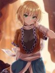  1girl annoyed black_shirt blonde_hair blue_skirt brown_dress commentary_request cross_print dress green_eyes hand_on_own_face highres looking_at_viewer mizuhashi_parsee pointy_ears remiria100 shirt short_hair short_sleeves skirt solo touhou 