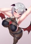  1girl absurdres aoi_hinamori arm_up blush bodystocking breasts cross from_above grey_hair hair_ornament head_wings highleg highleg_panties highres indie_virtual_youtuber john_zerowb large_breasts latin_cross looking_at_viewer low_wings panties pointy_ears purple_eyes short_hair shorts simple_background solo thigh_strap underwear virtual_youtuber wings 