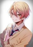  1boy :d absurdres blonde_hair blue_necktie cardigan chanms collared_shirt commentary diagonal-striped_necktie double-parted_bangs fingernails gradient_background gradient_hair grey_background hair_between_eyes hand_on_own_chest highres kamiyama_high_school_uniform_(project_sekai) long_bangs looking_to_the_side male_focus multicolored_hair multicolored_necktie necktie open_collar orange_eyes orange_hair project_sekai red_necktie school_uniform shadow shirt short_hair smile solo teeth tenma_tsukasa upper_body v-neck vignetting white_background white_necktie white_shirt yellow_cardigan 
