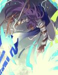  bhima_(fate) bhima_(second_ascension)_(fate) dark-skinned_male dark_skin electricity fate/grand_order fate_(series) fighting full_body highres holding holding_polearm holding_weapon long_hair male_focus polearm ponytail purple_eyes purple_hair smile wakuwakumuscle weapon 