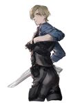  1boy ass blonde_hair blue_shirt bulletproof_vest curtained_hair e_(h798602056) fingerless_gloves from_behind gloves gun highres holding holding_gun holding_weapon leon_s._kennedy male_focus pants resident_evil resident_evil_6 shirt short_hair shotgun solo tight_clothes tight_pants vest weapon 