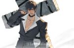  1boy black_choker black_coat black_hair black_straps choker cigarette coat collarbone collared_shirt cowboy_shot cross hair_between_eyes holding lan_dinh_thi_dieu looking_to_the_side male_focus nicholas_d._wolfwood open_clothes pectorals pendant_choker shirt short_hair simple_background smile smirk smoking solo teeth trigun trigun_stampede twitter_username white_background white_shirt 