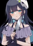  1girl black_gloves black_hair blue_eyes blue_hair blush colored_inner_hair empty_eyes fingerless_gloves gloves holding holding_knife indie_virtual_youtuber knife long_hair mask memento_mori_(vtuber) multicolored_hair off_shoulder solo yomogi_mogu 