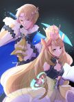  1boy 1girl alfred_(fire_emblem) bare_shoulders blonde_hair blue_cape book breasts brother_and_sister butterfly_hair_ornament cape celine_(fire_emblem) cleavage crown detached_sleeves dress fire_emblem fire_emblem_engage green_eyes hair_ornament highres holding holding_book long_hair long_sleeves looking_at_viewer open_book short_hair siblings simple_background small_breasts twitter_username very_long_hair yutohiroya 