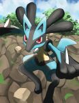  absurdres cloud commentary_request day falling falling_leaves highres jira_(ziraiya26) leaf lucario outdoors pokemon pokemon_(creature) red_eyes sky solo spikes yellow_fur 