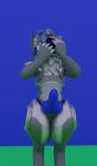  3d_(artwork) anthro blender_(software) blue_background blue_penis digital_media_(artwork) embarrassed erection fur genitals green_floor grey_body grey_fur hair knot lunar_proto machine male nude penis protogen simple_background solo white_body white_fur 