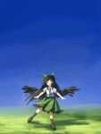  1girl baila_kuangzi bird_girl bird_wings black_footwear black_hair black_wings blue_sky boots chinese_commentary closed_eyes collared_shirt commentary_request facing_viewer feathered_wings flat_chest full_body green_ribbon green_skirt hair_ribbon happy highres long_hair no_nose open_mouth outdoors reiuji_utsuho ribbon shirt short_sleeves skirt sky smile solo touhou white_shirt wings 