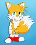  absurd_res anthro balls blue_background blue_eyes canid canine erection fox genitals hi_res humanoid_genitalia humanoid_penis male mammal miles_prower penis sega simple_background solo sonic_the_hedgehog_(series) stripes-the-raccoon tongue tongue_out 
