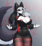  2023 5_fingers anthro areola areola_slip big_areola big_breasts black_clothing breasts canid canid_demon canine cleavage cleavage_cutout cleavage_overflow clothed clothing curvy_figure demon eyelashes female fingers fluffy fluffy_tail fur gloves grey_body grey_fur grey_hair hair handwear hellhound helluva_boss hi_res huge_breasts legwear lingerie looking_at_viewer loona_(helluva_boss) mammal maned_kitsune multicolored_body multicolored_fur nails narrowed_eyes nun nun_habit nun_outfit pantyhose pentagram pink_areola puffy_areola red_sclera small_waist solo standing tail thick_thighs thigh_highs tuft two_tone_body two_tone_fur white_body white_eyes white_fur 