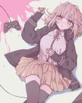  1girl breasts brown_skirt collared_shirt danganronpa_(series) danganronpa_2:_goodbye_despair flipped_hair galaga hair_ornament highres jacket large_breasts long_sleeves looking_at_viewer lying medium_hair nanami_chiaki neck_ribbon on_back pink_eyes pink_ribbon ribbon ru-pe_(gstm_0915) shirt skirt solo two-tone_shirt white_shirt 