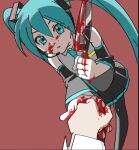  1girl black_skirt black_sleeves black_thighhighs blood blood_on_face blood_on_hands blood_on_knife blue_eyes blue_hair blue_necktie collared_shirt detached_sleeves dutch_angle expressionless feet_out_of_frame grey_shirt hair_ornament hand_up hatsune_miku headset holding holding_hands holding_knife knife leaning_forward long_hair looking_at_viewer necktie open_mouth outstretched_hand pleated_skirt pov pov_hands red_background shirt simple_background skirt sleeveless sleeveless_shirt solo_focus thighhighs tkwkai twintails vocaloid 