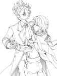  1girl 1other belt coat coat_on_shoulders collared_shirt dancing dante_(limbus_company) faust_(project_moon) fire gloves greyscale highres ivy_(675671) limbus_company long_sleeves monochrome necktie object_head pants project_moon ribbed_sweater shirt sweater vest 
