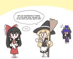  3girls apron ascot barefoot black_hair black_skirt black_vest blonde_hair bow braid broom chibi china_dress chinese_clothes covered_eyes detached_sleeves dress english_text flower flower_on_head frilled_bow frilled_hair_tubes frills hair_bow hair_tubes hakurei_reimu hat jitome kirisame_marisa long_hair mata_(matasoup) multiple_girls purple_dress purple_flower red_shirt red_skirt segmented_comic shirt single_braid skirt speech_bubble sweatdrop touhou vest waist_apron white_apron white_background white_sleeves witch_hat yellow_ascot yomotsu_hisami 