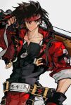  1boy belt brown_hair collarbone english_text fighting_stance found_modori guilty_gear guilty_gear_strive hair_between_eyes headband highres holding holding_sword holding_weapon male_focus outrage_mk_ii over_shoulder ponytail red_eyes serious sol_badguy solo sword weapon weapon_on_back weapon_over_shoulder zipper zipper_pull_tab 