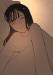  1girl absurdres black_hair closed_eyes door highres long_hair long_sleeves lying no_nose on_side original shirt sleeping solo upper_body white_shirt yomiya_sateko 