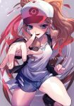  1girl baseball_cap blue_eyes breasts brown_hair denim denim_shorts hat high_ponytail highres hilda_(pokemon) long_hair looking_at_viewer nakiyu open_mouth pokemon pokemon_(game) pokemon_bw ponytail shirt short_shorts shorts smile solo vest white_shirt wristband 