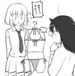  2girls arms_behind_back bags_under_eyes bikini blunt_bangs blush bob_cut breath clothes_hanger collared_shirt commentary_request greyscale hand_on_own_chin hand_up highres holding holding_clothes_hanger kuroki_tomoko long_hair long_sleeves looking_at_object meis_(terameisu) miniskirt monochrome multiple_girls necktie open_mouth pleated_skirt school_uniform shirt shirt_tucked_in short_hair simple_background skirt smile solid_oval_eyes speech_bubble standing stroking_own_chin sweat swimsuit swimsuit_hanger translation_request trembling uchi_emiri watashi_ga_motenai_no_wa_dou_kangaetemo_omaera_ga_warui! white_background 