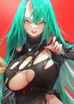  1girl arknights belt black_belt black_shirt breasts green_hair hair_between_eyes highres horns hoshiguma_(arknights) huge_breasts long_hair looking_at_viewer no_bra oni_horns open_mouth red_background scar scar_on_cheek scar_on_face shirt single_horn skin-covered_horns smile solo teeth torn_clothes torn_shirt turtleneck twitter_username underbust upper_teeth_only very_long_hair yellow_eyes yonesijima 