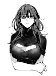  1girl absurdres arm_across_waist black_shirt breasts byleth_(female)_(fire_emblem) byleth_(fire_emblem) cleavage cleavage_cutout clothing_cutout fire_emblem fire_emblem:_three_houses greyscale hair_between_eyes highres illust_mi large_breasts long_hair looking_at_viewer monochrome parted_lips shirt solo swept_bangs upper_body white_background 