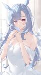  1girl absurdres animal_ears bare_shoulders blue_hair breasts bridal_veil cleavage dress fingernails highres horse_ears horse_girl iwashi_111 jewelry long_hair looking_at_viewer medium_breasts mejiro_ardan_(umamusume) purple_eyes ring smile solo umamusume veil wedding_dress white_dress 