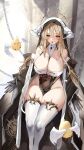  1girl absurdres azur_lane bare_shoulders between_breasts black_gloves blush breasts chain cleavage clothing_cutout covered_navel curvy detached_collar detached_sleeves feathered_wings feet_out_of_frame gloves habit hair_between_eyes halo highres horns implacable_(azur_lane) large_breasts long_hair long_sleeves looking_at_viewer nun parted_lips pelvic_curtain red_eyes revealing_clothes sitting skyfracture solo thighhighs thighs very_long_hair white_headwear white_thighhighs white_wings wide_sleeves wings 