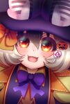  1girl animal_ears bat_ears bat_girl bow bowtie brown_hair brown_long-eared_bat_(kemono_friends) candy dress extra_ears fang food grey_hair hair_ornament halloween halloween_costume hat highres hikarikmy kemono_friends kemono_friends_v_project long_hair looking_at_viewer multicolored_hair pumpkin purple_background red_eyes ribbon simple_background solo two-tone_hair upper_body virtual_youtuber witch_hat 