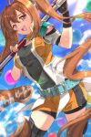  1girl ahoge antenna_hair brown_hair cropped_jacket double-parted_bangs eiyuu_densetsu english_text estelle_bright fingerless_gloves gloves hair_between_eyes highres holding holding_staff holding_weapon jewelry long_hair looking_at_viewer necklace open_mouth red_eyes sen_no_kiseki shorts smile solo sora_no_kiseki staff twintails very_long_hair weapon zer00han 
