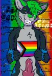  absurd_res anthro black_body black_fur canid canine canis criminal fur genitals helloawoo hi_res lgbt_pride looking_at_viewer male mammal nude penis pride_color_flag pride_colors razz_chowtime slim smile smirk solo solo_focus wolf 