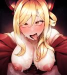  1girl animal_ears blonde_hair blush breasts cum cum_on_body cum_on_breasts detached_sleeves ear_covers eyelashes hair_between_eyes japanese_clothes large_breasts looking_at_viewer michikusaya nipples open_mouth orange_eyes saliva seri_(michikusaya) simple_background spread_legs sweat tkhs tongue tongue_out upper_body wide_sleeves 