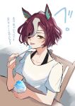  1girl animal_ears breasts brown_eyes collarbone commentary_request cup disposable_cup eyepatch food grey_hair hair_over_one_eye highres hiyo_(2016.10) holding holding_cup holding_spoon horse_ears looking_at_viewer medium_breasts multicolored_hair on_chair purple_hair shaved_ice shirt short_sleeves sitting solo spoon streaked_hair table tanino_gimlet_(umamusume) tongue tongue_out translation_request umamusume upper_body white_background white_shirt 