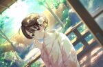  1girl architecture blurry blurry_foreground blush depth_of_field dutch_angle east_asian_architecture floral_print flower hair_bun hair_flower hair_ornament idolmaster idolmaster_cinderella_girls idolmaster_cinderella_girls_starlight_stage japanese_clothes kimono looking_at_viewer official_art okuyama_saori own_hands_together pink_kimono single_side_bun solo sunlight wooden_floor wooden_wall 