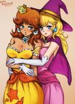  2girls absurdres artist_name bare_shoulders behind_another blonde_hair blue_eyes breasts brooch brown_hair cape cleavage commentary cowboy_shot crown dated dress earrings elbow_gloves flower_earrings gloves halloween_costume hat highres hug jewelry light_blush light_smile lips long_hair looking_at_another looking_at_viewer mario_(series) medium_breasts mina_cream multiple_girls parted_lips pink_dress princess_daisy princess_peach symbol-only_commentary tan witch_hat yellow_dress yuri 