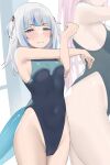  1girl 2girls absurdres bare_arms bare_shoulders blue_eyes blue_hair blue_one-piece_swimsuit blunt_bangs blush breasts byeon_dha cameltoe choppy_bangs clenched_teeth commentary competition_swimsuit cross-body_stretch embarrassed english_commentary fins fish_tail gawr_gura grey_hair grimace groin hair_ornament highleg highleg_swimsuit highres hololive hololive_english long_hair mori_calliope multicolored_hair multiple_girls one-piece_swimsuit original paid_reward_available petite shark_hair_ornament shark_tail sideboob small_breasts solo_focus streaked_hair swimsuit tail teeth two_side_up virtual_youtuber 