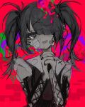  1girl ame-chan_(needy_girl_overdose) bandaid bandaid_on_cheek bandaid_on_face black_hair black_nails blood blood_on_knife blush grey_eyes greyscale_with_colored_background hair_over_one_eye highres holding holding_knife knife messy_hair needy_girl_overdose one_eye_covered open_mouth red_background saliva shitose sketch solo teeth twintails 