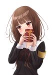  1girl armband averting_eyes black_dress blunt_bangs blush brown_hair collared_dress dress head_tilt highres iino_miko kaguya-sama_wa_kokurasetai_~tensai-tachi_no_renai_zunousen~ long_hair long_sleeves low_twintails miyuki_kotori red_eyes school_uniform shuuchiin_academy_school_uniform simple_background solo twintails upper_body valentine white_background 