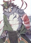  abs anthro bare_chest canid canine canis clothing fur grey_body grey_fur hat headgear headwear hi_res lifewonders male mammal mongolian_clothing muscular muscular_anthro muscular_male pecs sakehabera solo temujin tokyo_afterschool_summoners wolf yellow_eyes 