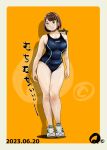  1girl arms_at_sides black_one-piece_swimsuit blush breasts brown_eyes brown_hair cat competition_swimsuit dated full_body looking_at_viewer medium_breasts medium_hair one-piece_swimsuit original plump q98780409 shoes sneakers solo standing swimsuit white_footwear yellow_background 