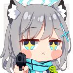  1girl aiming_at_viewer animal_ear_fluff animal_ears artist_name blue_archive blue_eyes blue_necktie blue_scarf blush_stickers chibi closed_mouth commentary cross_hair_ornament english_commentary fpsmoe frown gloves green_gloves grey_background grey_hair gun hair_ornament halo holding holding_gun holding_weapon looking_at_viewer necktie scarf shiroko_(blue_archive) simple_background single_glove solo sparkling_eyes weapon 