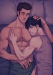  2boys abs bara bed black_hair black_pants brown_hair chest_hair closed_mouth clover_ebi facial_hair grey_tank_top highres kia_shie large_pectorals looking_at_another lying male_focus multiple_boys muscular muscular_male on_back on_bed on_side pants pectorals qrow_branwen rwby short_hair smile tank_top topless_male yaoi 