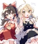  2girls :d ahoge ascot black_skirt black_vest blonde_hair breasts brown_eyes brown_hair commentary_request detached_sleeves hakurei_reimu hand_up highres index_finger_raised kirisame_marisa knees_up long_hair long_sleeves looking_at_viewer medium_breasts multiple_girls nig_18 no_headwear ok_sign open_mouth red_skirt red_vest sitting skirt skirt_set sleeves_past_elbows smile touhou very_long_hair vest wide_sleeves yellow_ascot yellow_eyes 