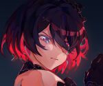  1girl bare_shoulders black_flower c_ry_o close-up closed_mouth crying crying_with_eyes_open flower hair_flower hair_ornament highres honkai_(series) honkai_impact_3rd red_eyes red_hair seele_(alter_ego) seele_vollerei seele_vollerei_(stygian_nymph) short_hair solo tears v-shaped_eyebrows 