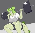  2023 anthro barbell barbell_squats big_breasts blue_eyes bottomwear bra breasts choker clothing crop_top crouching curvaceous curvy_figure digital_drawing_(artwork) digital_media_(artwork) dinosaur exercise female goodbye_volcano_high green_body green_hair green_scales hair hi_res jewelry long_tail midriff necklace ornithischian reptile scales scalie shirt shorts simple_background snoot_game_(fan_game) solo spikes spikes_(anatomy) sports_bra stegosaurian stegosaurus stella_(gvh) tail thick_thighs thyreophoran topwear underwear unknown_artist voluptuous wide_hips workout 