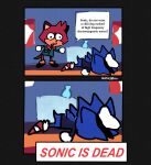  2koma 9474s0ul ambiguous_gender anthro artist_name barry_(sonic) black_clothing black_eyes black_footwear black_nose black_shoes black_text blue_body blue_fur blue_quills blue_tail bow_tie clothing comic corpse countershading death dialogue duo english_text eulipotyphlan facial_markings footwear fur gloves green_clothing hair handwear hat head_markings head_tuft headgear headwear hedgehog hi_res humor lying macropod male mammal markings marsupial on_front open_mouth quills quokka red_body red_bow_tie red_fur red_hair red_text sega signature small_tail sonic_the_hedgehog sonic_the_hedgehog_(series) speech_bubble tail tan_body tan_countershading tan_inner_ear tan_skin text the_murder_of_sonic_the_hedgehog tuft watermark white_clothing white_gloves white_handwear white_hat white_headwear 