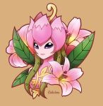  1girl artist_name brown_background digimon digimon_(creature) dress flower hair_vines highres kisetsukaze leaf leaf_wings lilimon looking_at_viewer pink_dress pink_flower portrait purple_eyes signature simple_background smile solo thorns 