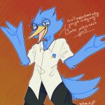  2022 anthro berdly blue_body blue_feathers clothing deltarune dress_shirt english_text eyewear feathers glasses hi_res male rotten_bacteriophage round_glasses shirt simple_background smug solo tail_feathers text topwear undertale_(series) 
