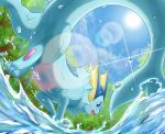  animal_focus blue_eyes blue_sky highres katorisenkou_pk lens_flare no_humans open_mouth outdoors pawpads pokemon pokemon_(creature) running sky solo sun tree vaporeon water water_drop wet 