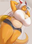  aisyah_zaskia_harnny anthro big_breasts biped bottomwear breasts cleavage clothed clothing dragon eyelashes female hair harnny hi_res huge_breasts mature_female pupils shorts solo yellow_body 