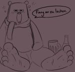  2022 4_toes anthro bear blush blush_lines bodily_fluids bottle brown_bear bubble container dialogue drunk drunk_bubble dumbasscalico falstaff_(duolingo) feet foot_focus german_text hi_res male mammal mug open_mouth red_background round_ears scarf simple_background sitting sketch slightly_chubby soles solo speech_bubble substance_intoxication sweat sweaty_feet text toes ursine 