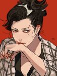  1boy black_hair blood blood_from_mouth blood_on_hands brown_eyes chonmage hand_up highres japanese_clothes kagoya1219 kimono looking_at_viewer male_focus original plaid_kimono red_background short_hair signature simple_background sleeves_past_elbows solo upper_body white_kimono wiping_mouth 